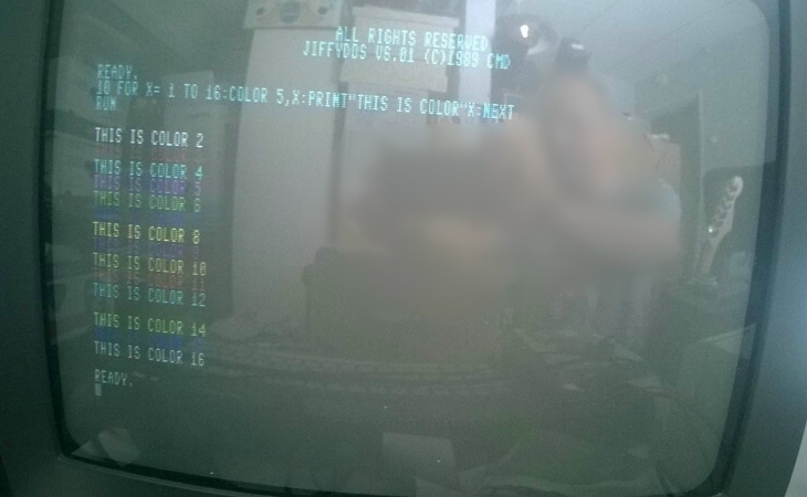 Photo of TV showing 80-column text with 16 colors, using SCART